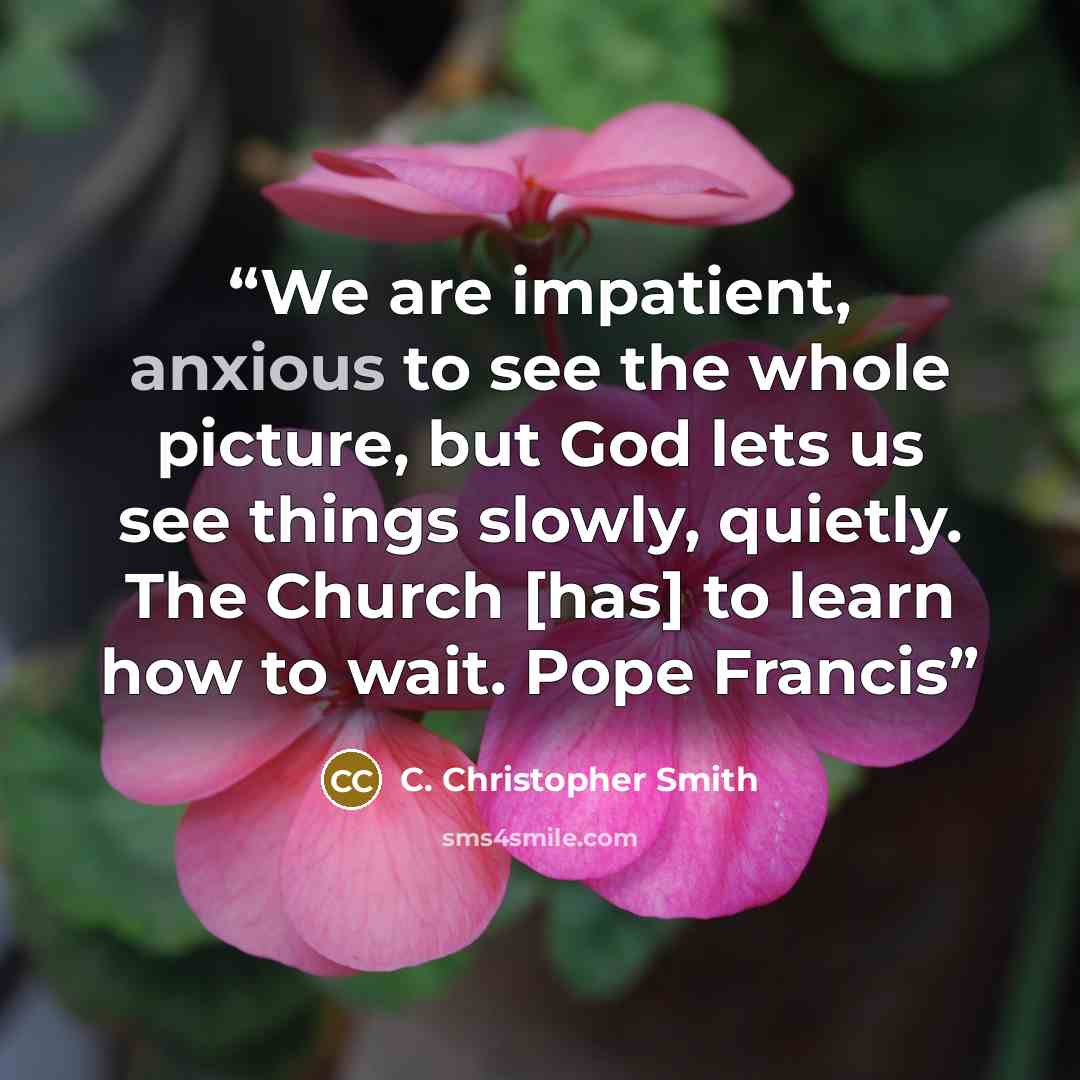 “We are impatient, anxious to see the whole picture, but God lets us see things slowly, quietly. The Church [has] to learn how to wait. Pope Francis” quote by C. Christopher Smith
