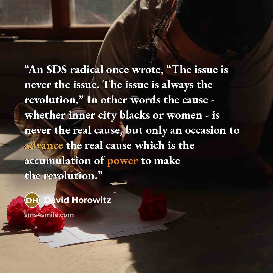 “An SDS radical once wrote, “The issue is never the issue. The issue is always the revolution.” In other words the cause - whether inner city blacks or women - is never the real cause, but only an occasion to advance the real cause which is the accumulation of power to make the revolution.” quote by David Horowitz