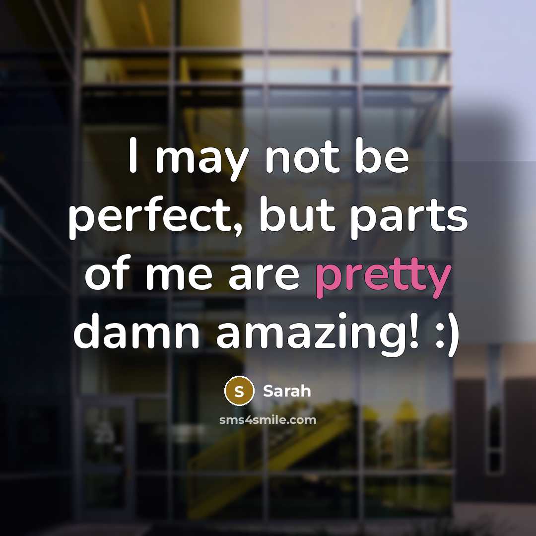 “I may not be perfect, but parts of me are pretty damn amazing! :)” quote by Sarah