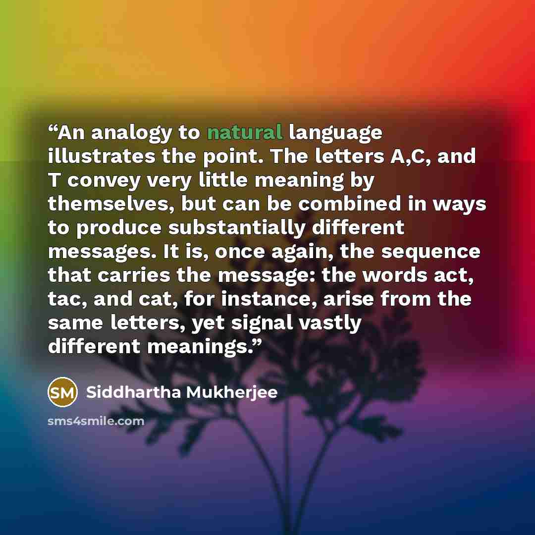 “An analogy to natural language illustrates the point. The letters A,C, and T convey very little meaning by themselves, but can be combined in ways to produce substantially different messages. It is, once again, the sequence that carries the message: the words act, tac, and cat, for instance, arise…” quote by Siddhartha Mukherjee