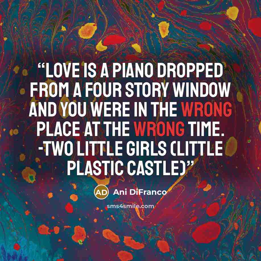 “Love is a piano dropped from a four story window and you were in the wrong place at the wrong time. -Two Little Girls (Little Plastic Castle)” quote by Ani Difranco