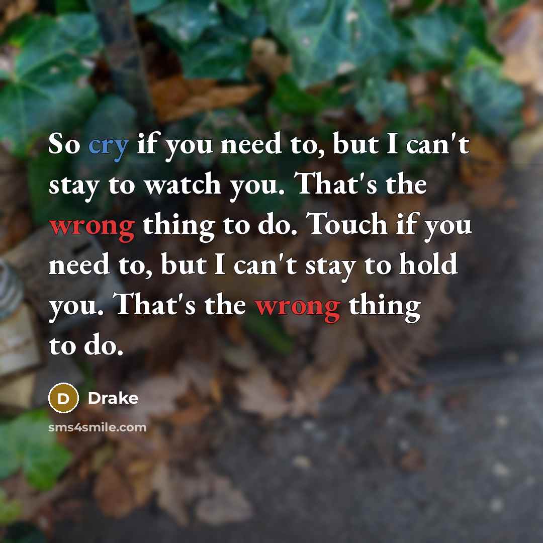 “So cry if you need to, but I can't stay to watch you. That's the wrong thing to do. Touch if you need to, but I can't stay to hold you. That's the wrong thing to do.” quote by Drake