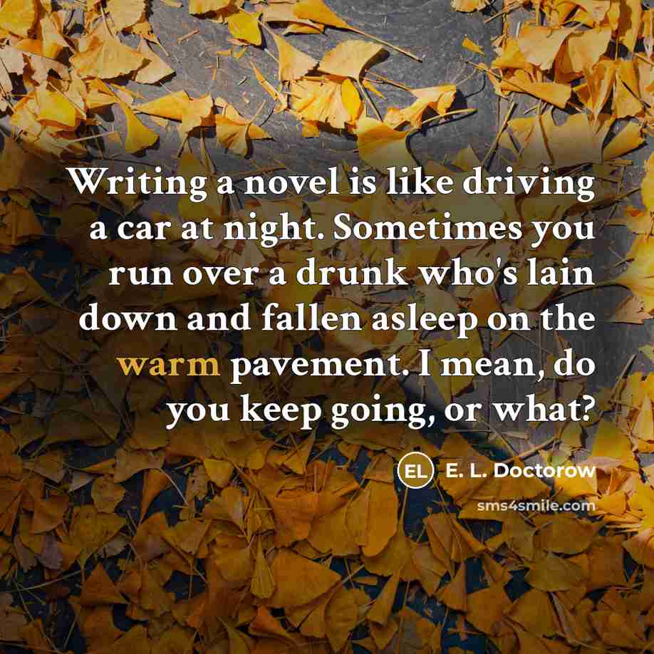 “Writing a novel is like driving a car at night.…” quote by E. L. Doctorow