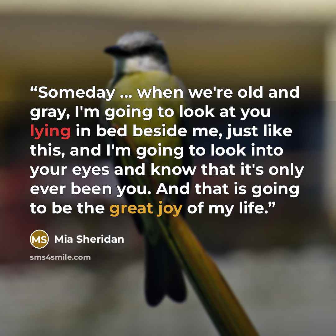 “Someday … when we're old and gray, I'm going to look at you lying in bed beside me, just like this, and I'm going to look into your eyes and know that it's only ever been you. And that is going to be the great joy of my life.” quote by Mia Sheridan