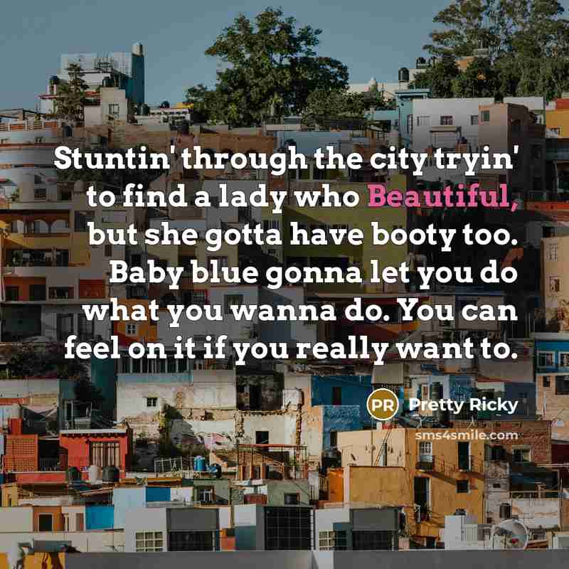 “Stuntin' through the city tryin' to find a lady who Beautiful, but she gotta have booty too. Baby blue gonna let you do what you wanna do. You can feel on it if you really want to.” quote by Pretty Ricky