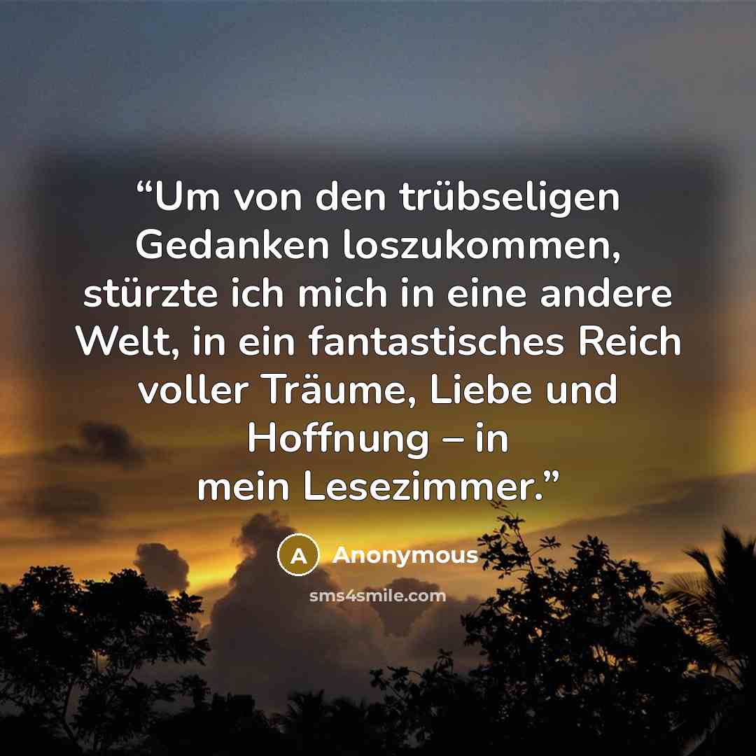 “Um von den trübseligen Gedanken loszukommen, stürzte ich mich in eine andere Welt, in ein fantastisches Reich voller Träume, Liebe und Hoffnung – in mein Lesezimmer.” quote by Anonymous