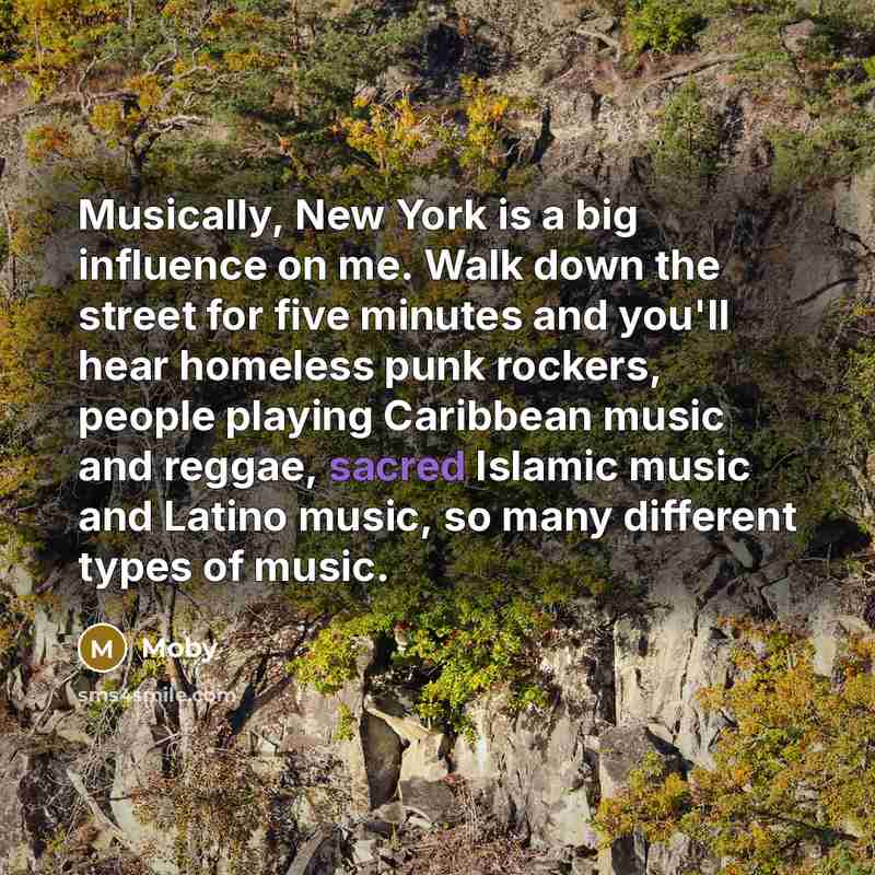 “Musically, New York is a big influence on me. Walk down the street for five minutes and you'll hear homeless punk rockers, people playing Caribbean music and reggae, sacred Islamic music and Latino music, so many different types of music.” quote by Moby
