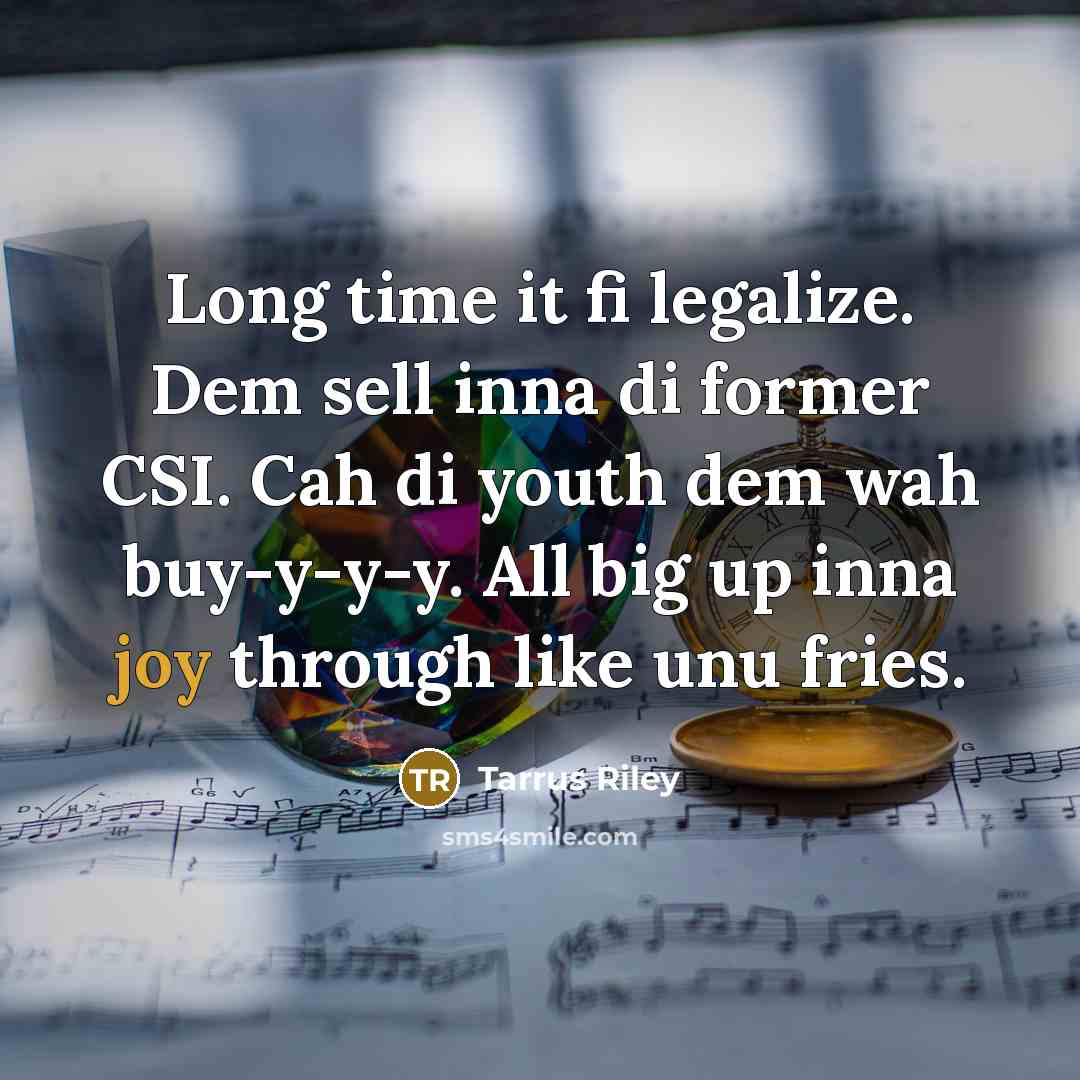 “Long time it fi legalize. Dem sell inna di former CSI. Cah di youth dem wah buy-y-y-y. All big up inna joy through like unu fries.” quote by Tarrus Riley
