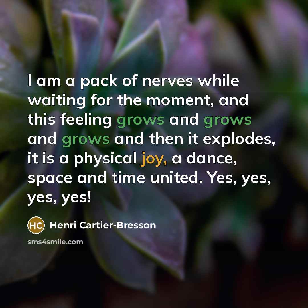 “I am a pack of nerves while waiting for the moment, and this feeling grows and grows and grows and then it explodes, it is a physical joy, a dance, space and time united. Yes, yes, yes, yes!” quote by Henri Cartier-Bresson