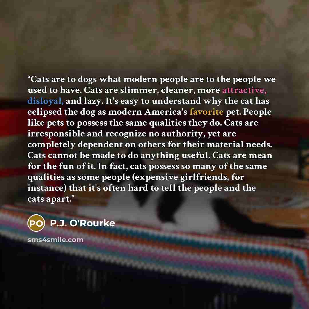 “Cats are to dogs what modern people are to the people we used to have. Cats are slimmer, cleaner, more attractive, disloyal, and lazy. It's easy to understand why the cat has eclipsed the dog as modern America's favorite pet. People like pets to possess the same qualities they do. Cats are…” quote by P.J. O'Rourke