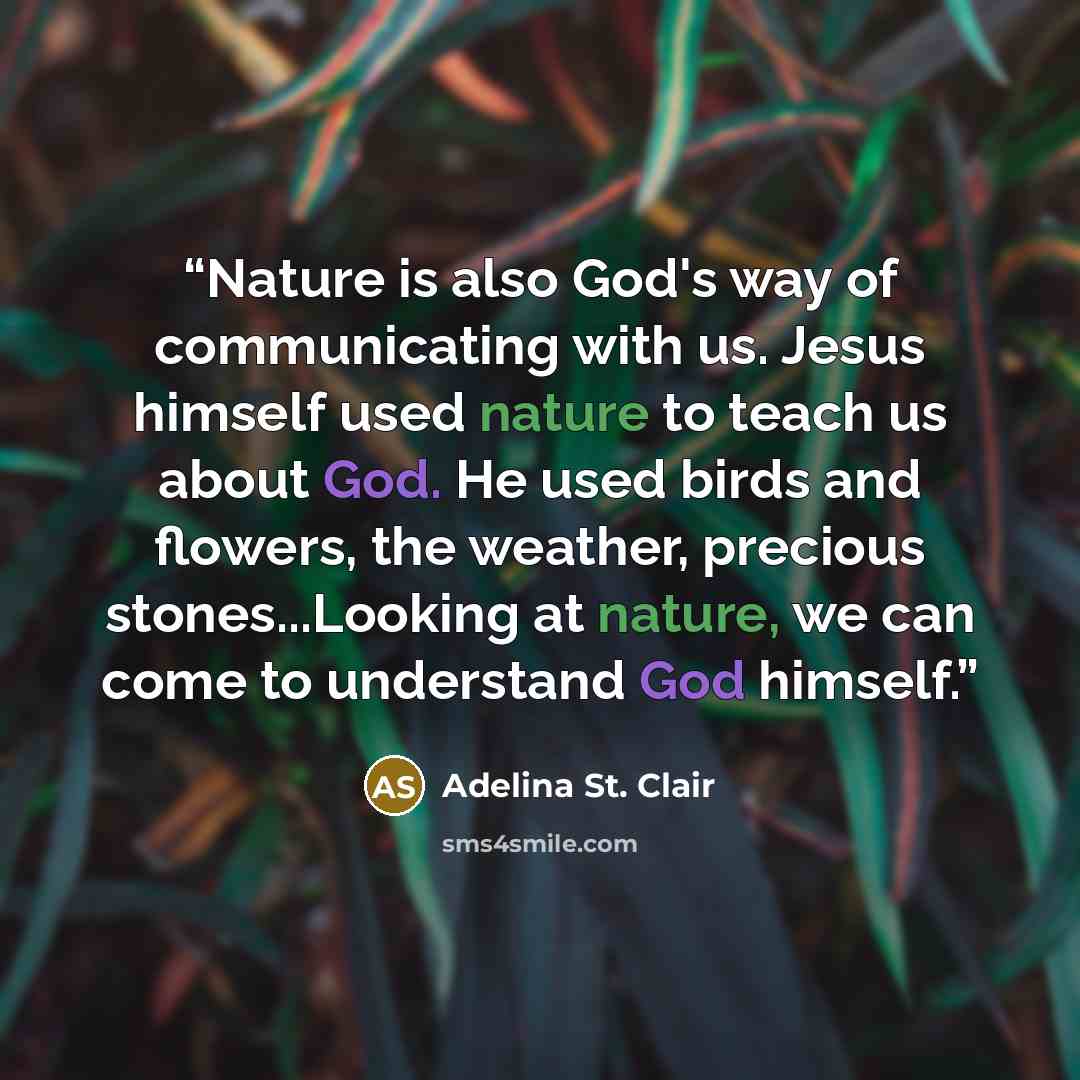 “Nature is also God's way of communicating with us. Jesus himself used nature to teach us about God. He used birds and flowers, the weather, precious stones...Looking at nature, we can come to understand God himself.” quote by Adelina St. Clair