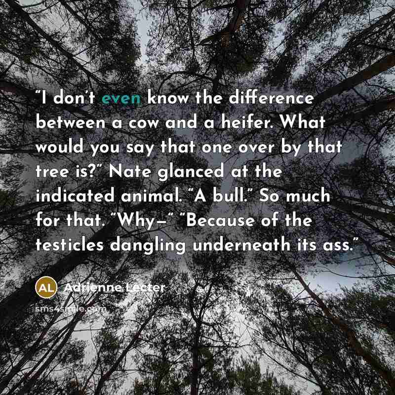 “I don’t even know the difference between a cow and a heifer. What would you say that one over by that tree is?” Nate glanced at the indicated animal. “A bull.” So much for that. “Why—“ “Because of the testicles dangling underneath its ass.” quote by Adrienne Lecter