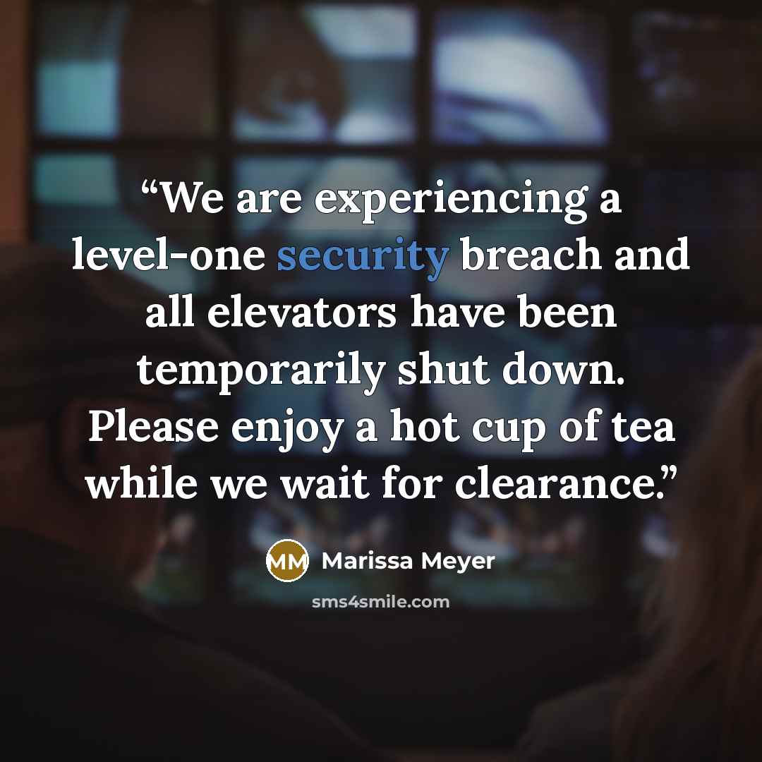 “We are experiencing a level-one security breach and all elevators have been temporarily shut down. Please enjoy a hot cup of tea while we wait for clearance.” quote by Marissa Meyer
