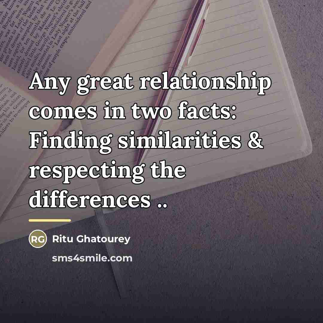 “Any great relationship comes in two facts: Finding similarities &…” quote by Ritu Ghatourey