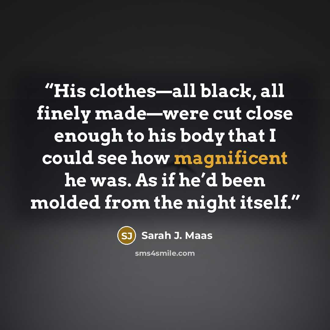 “His clothes—all black, all finely made—were cut close enough to his body that I could see how magnificent he was. As if he’d been molded from the night itself.” quote by Sarah J. Maas