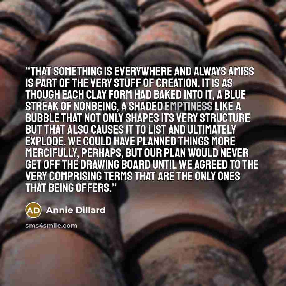“That something is everywhere and always amiss is part of the very stuff of creation. It is as though each clay form had baked into it, a blue streak of nonbeing, a shaded emptiness like a bubble that not only shapes its very structure but that also causes it to list and ultimately explode. We…” quote by Annie Dillard