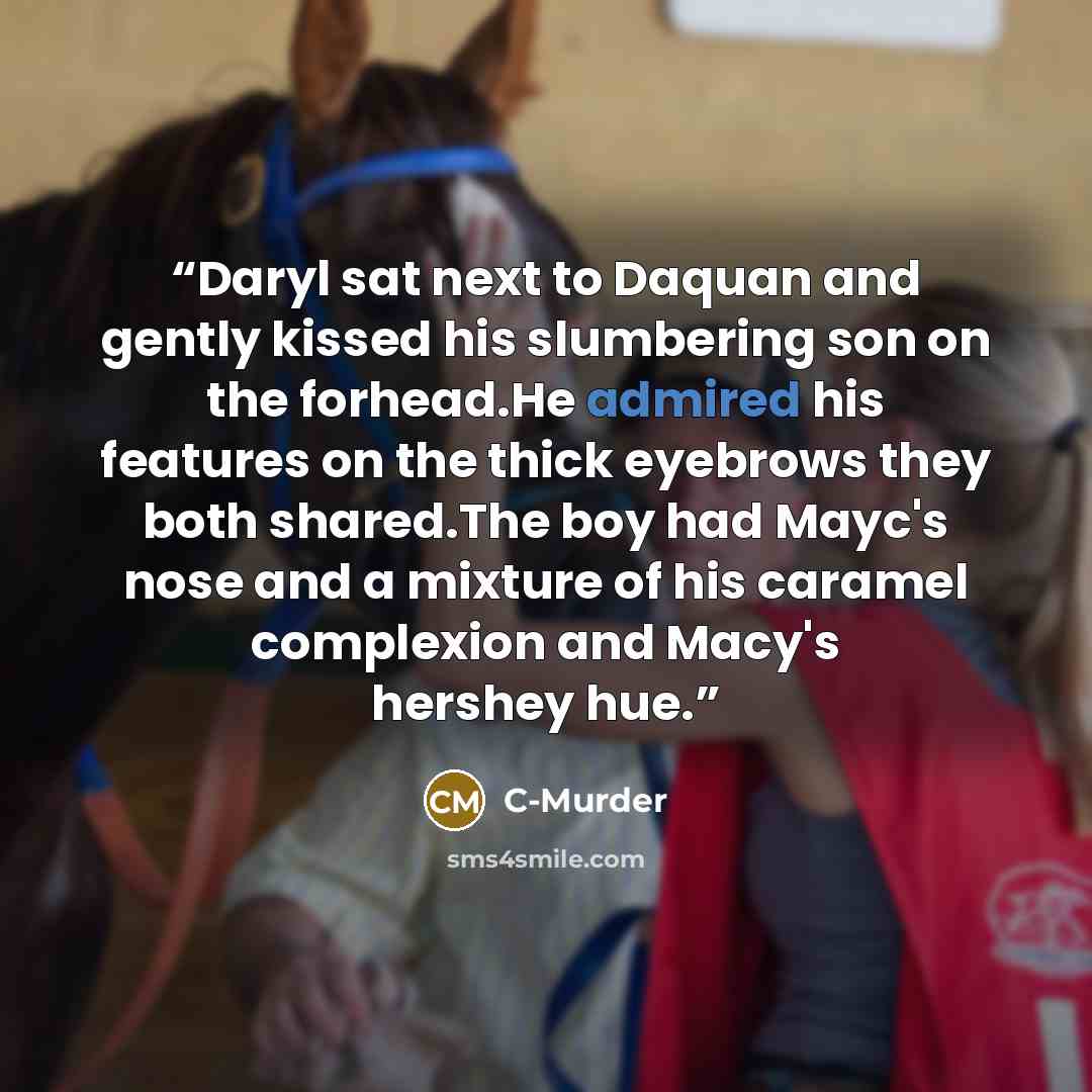 “Daryl sat next to Daquan and gently kissed his slumbering son on the forhead.He admired his features on the thick eyebrows they both shared.The boy had Mayc's nose and a mixture of his caramel complexion and Macy's hershey hue.” quote by C-Murder