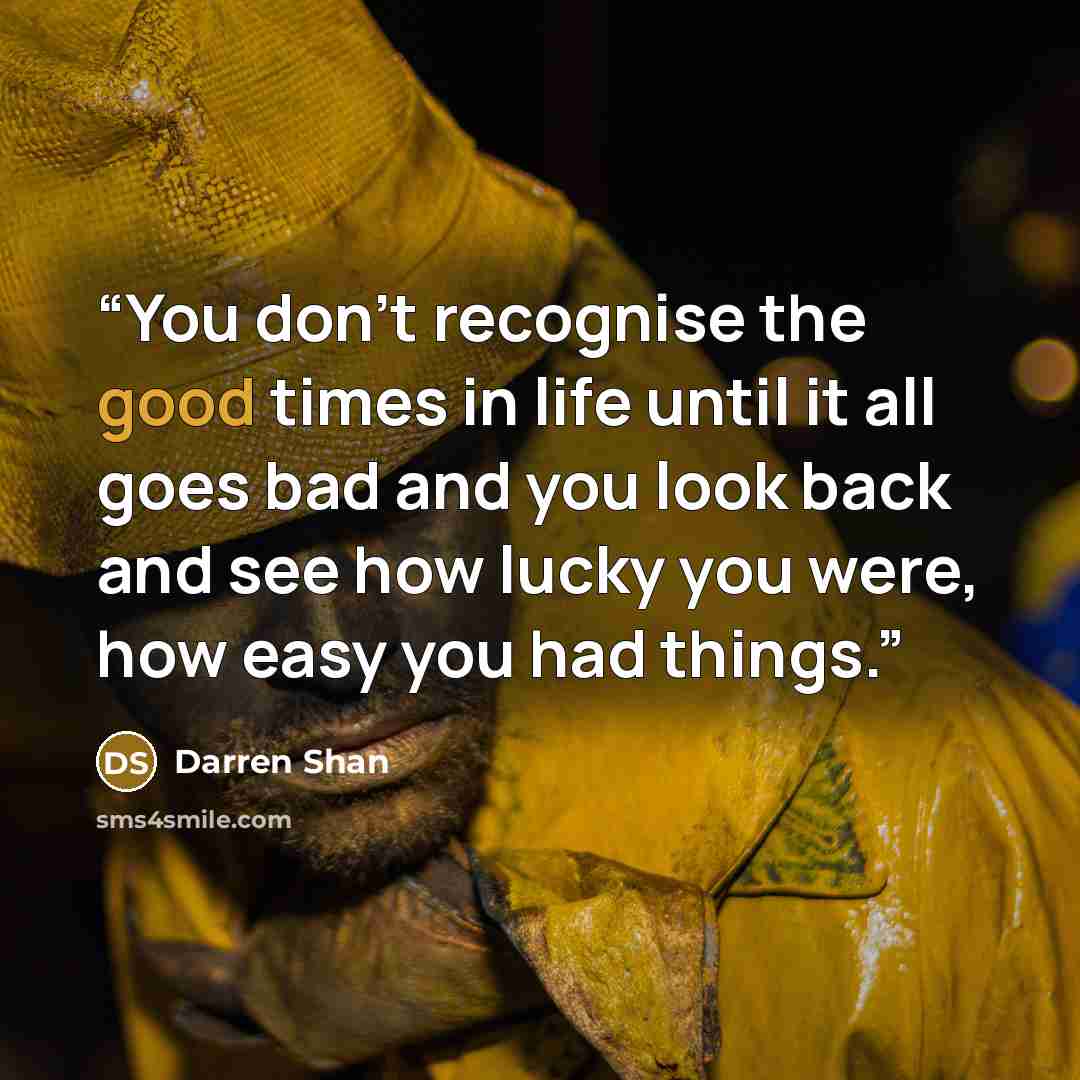 “You don't recognise the good times in life until it all goes bad and you look back and see how lucky you were, how easy you had things.” quote by Darren Shan