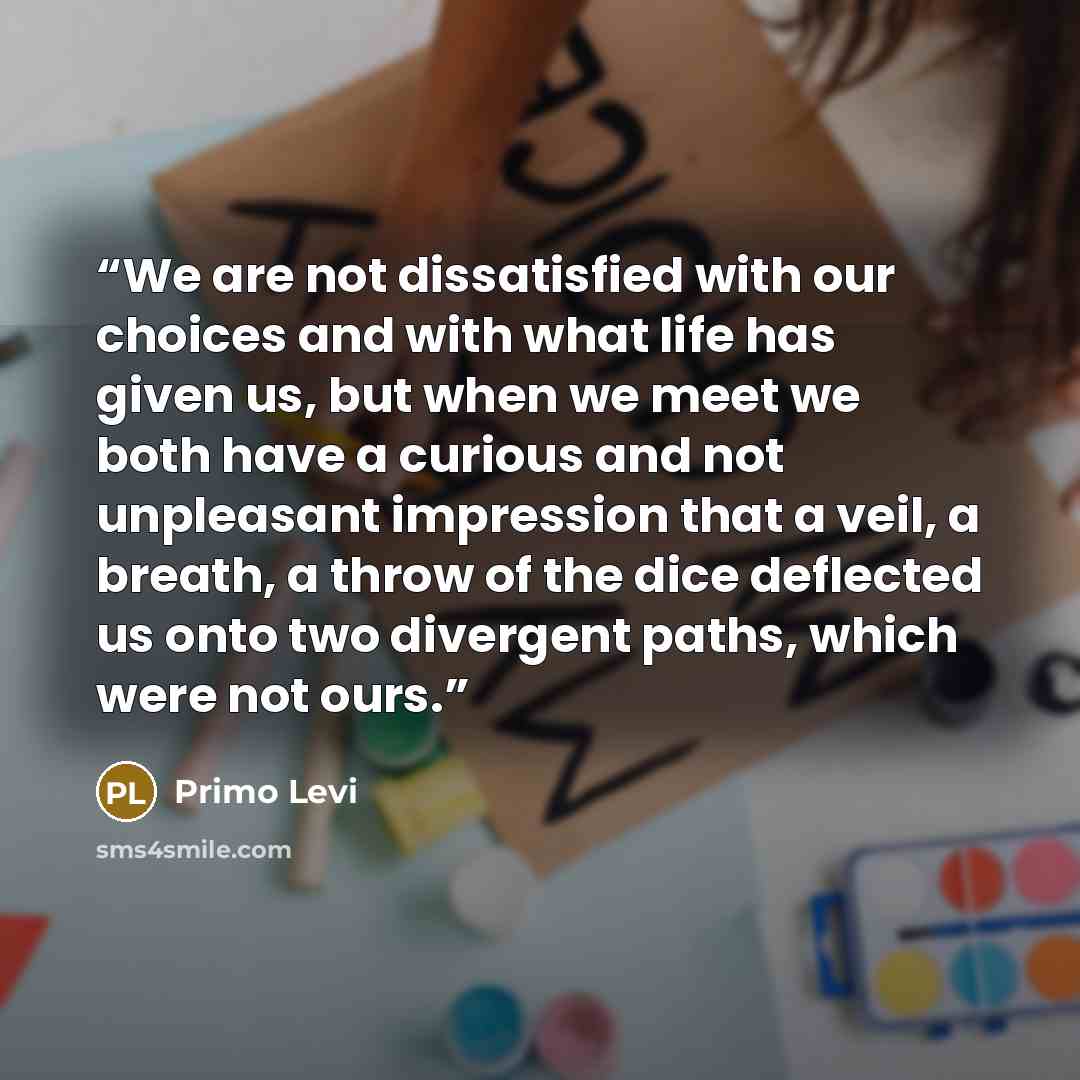 “We are not dissatisfied with our choices and with what life has given us, but when we meet we both have a curious and not unpleasant impression that a veil, a breath, a throw of the dice deflected us onto two divergent paths, which were not ours.” quote by Primo Levi