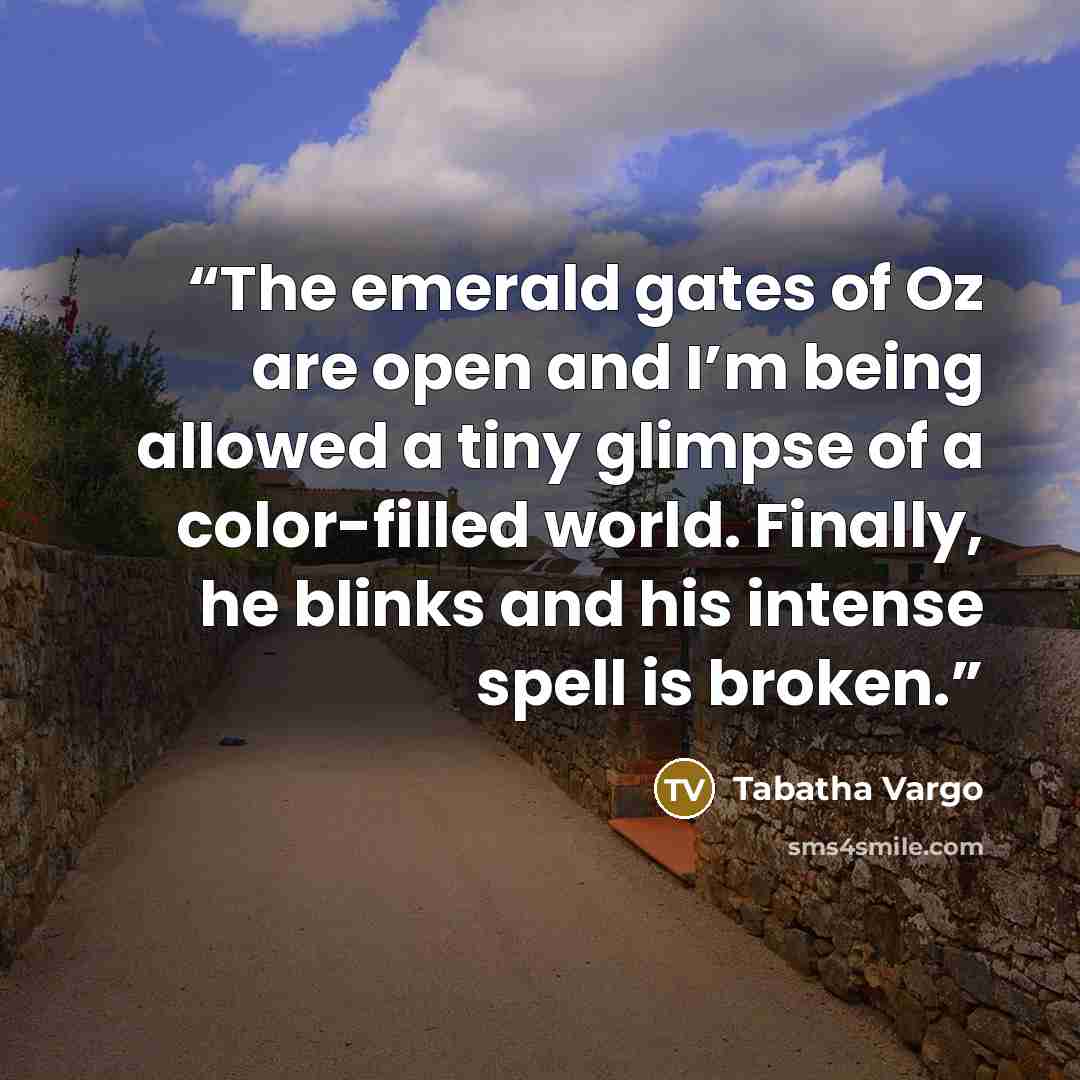 “The emerald gates of Oz are open and I’m being allowed a tiny glimpse of a color-filled world. Finally, he blinks and his intense spell is broken.” quote by Tabatha Vargo