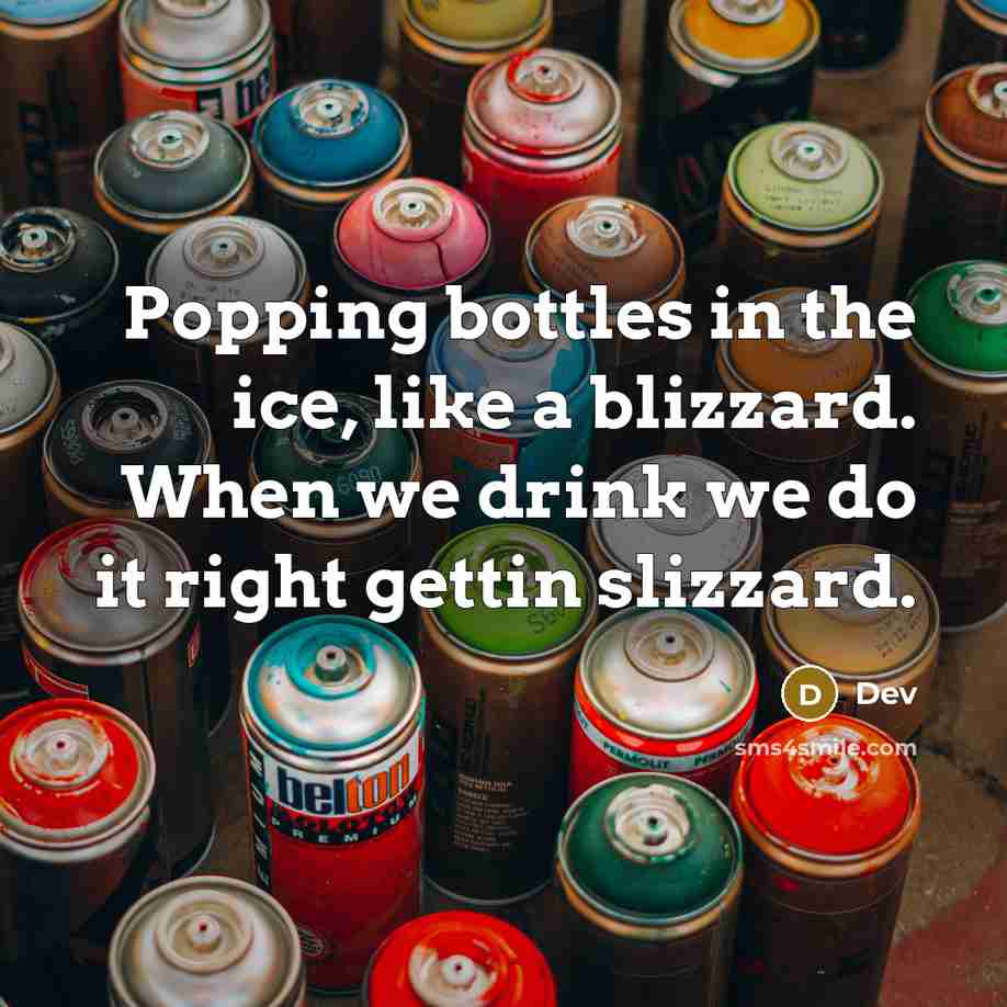 “Popping bottles in the ice, like a blizzard. When we drink we do it right gettin slizzard.” quote by Dev
