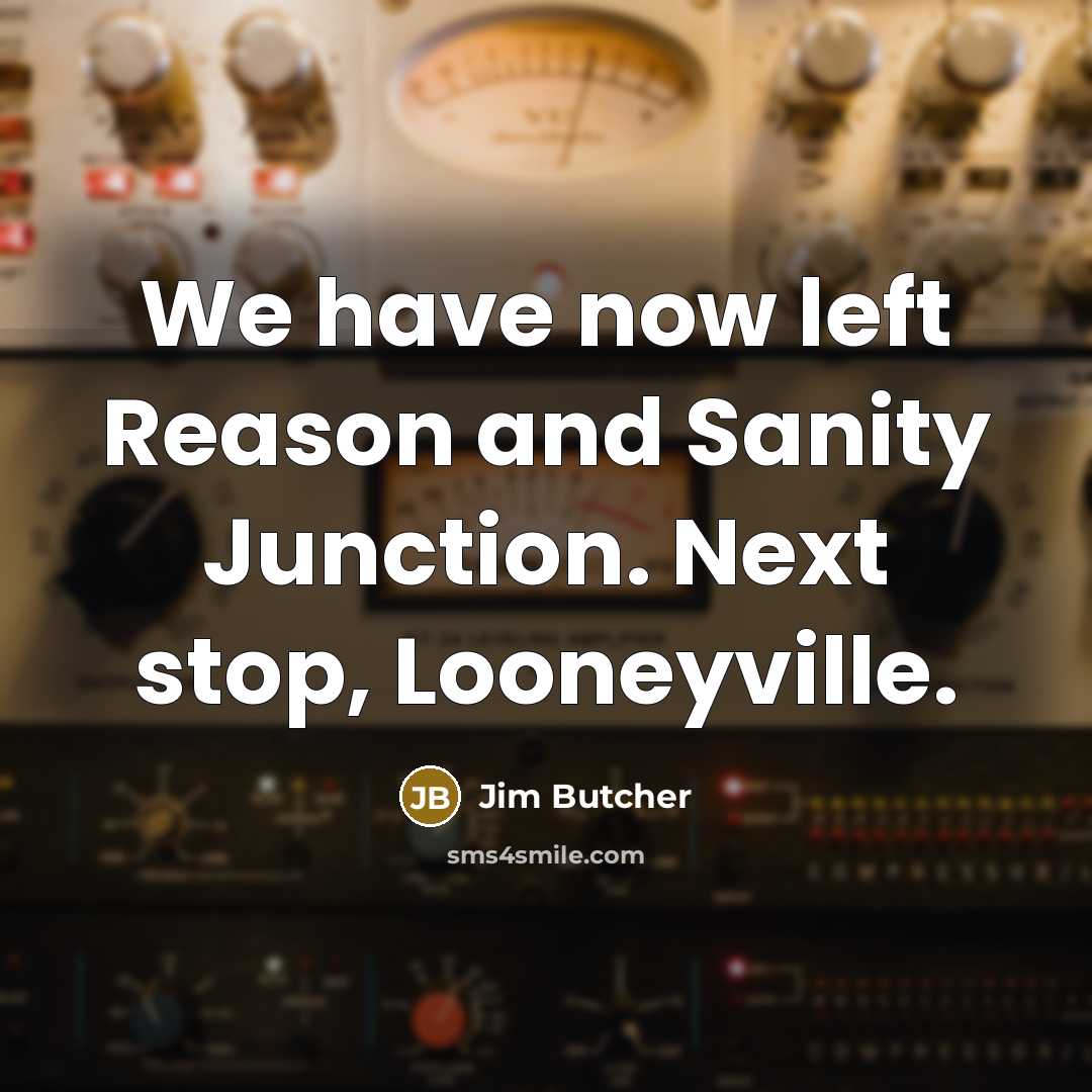 “We have now left Reason and Sanity Junction. Next stop,…” quote by Jim Butcher