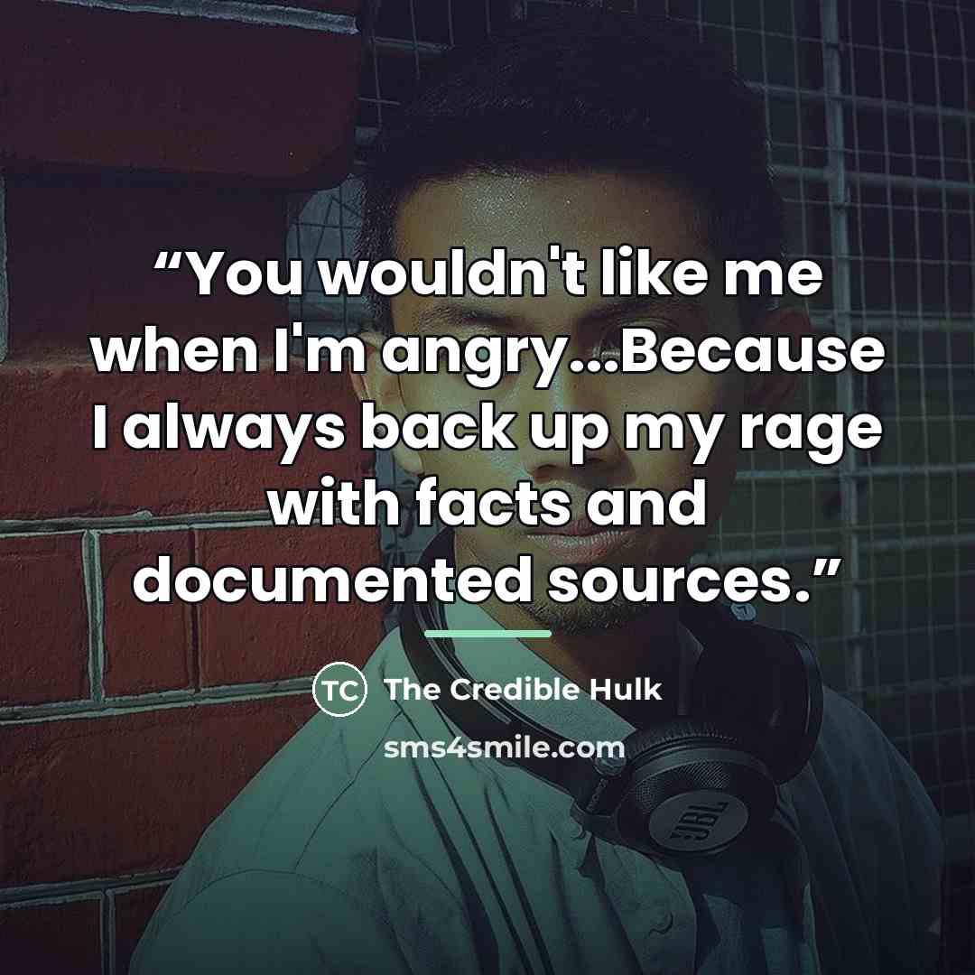 “You wouldn't like me when I'm angry...Because I always back up my rage with facts and documented sources.” quote by The Credible Hulk
