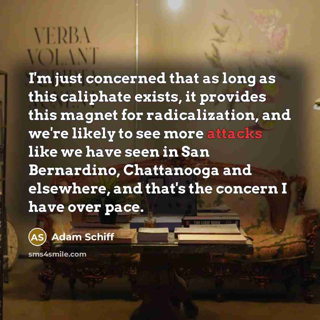 “I'm just concerned that as long as this caliphate exists, it provides this magnet for radicalization, and we're likely to see more attacks like we have seen in San Bernardino, Chattanooga and elsewhere, and that's the concern I have over pace.” quote by Adam Schiff