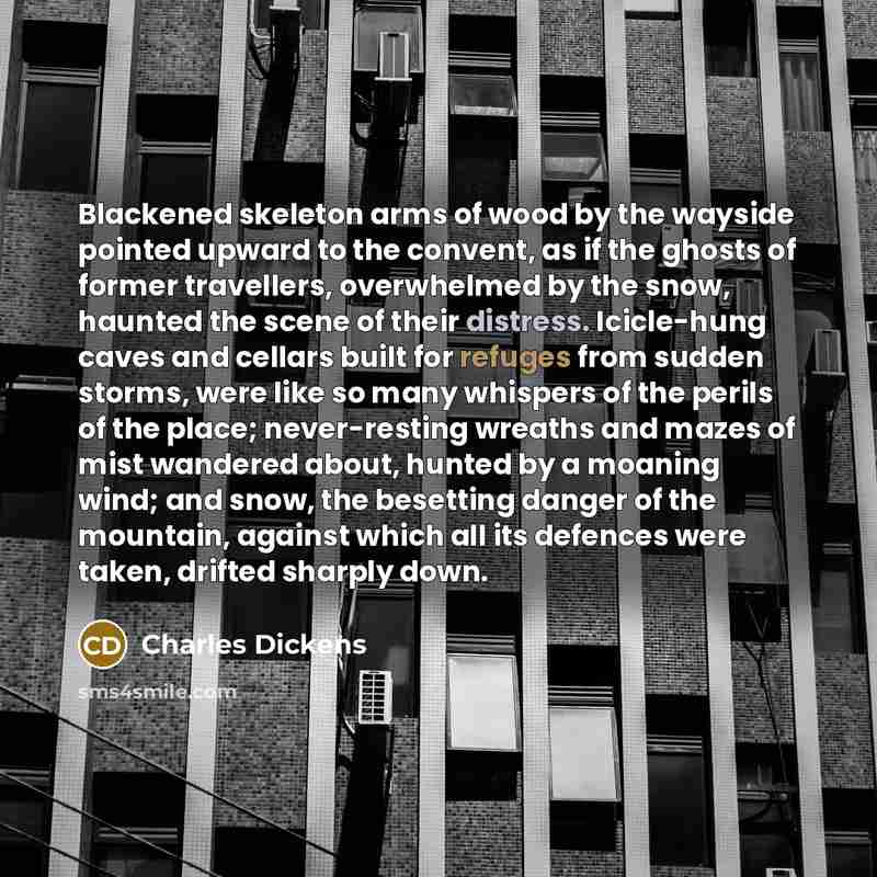 “Blackened skeleton arms of wood by the wayside pointed upward…” quote by Charles Dickens