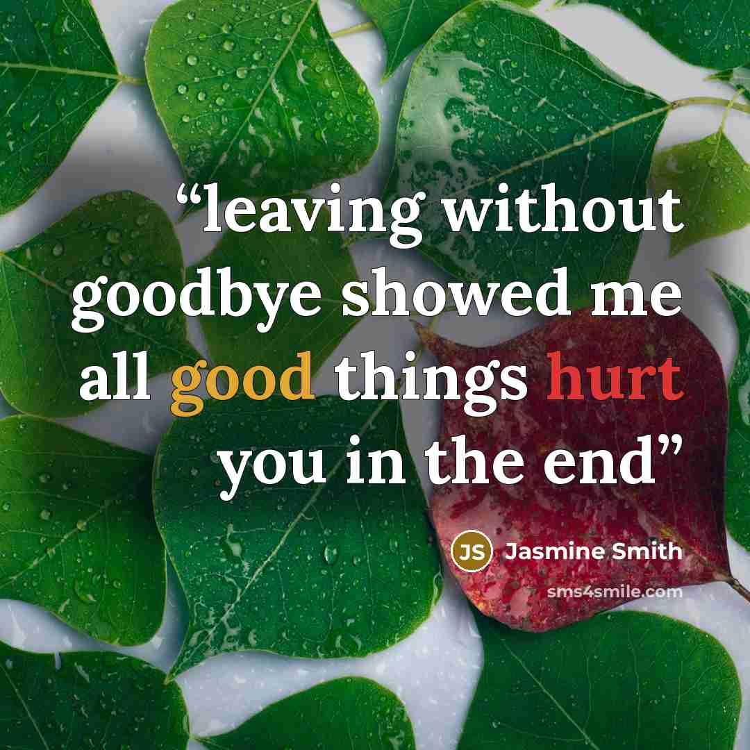 “leaving without goodbye showed me all good things hurt you in the end” quote by Jasmine Smith