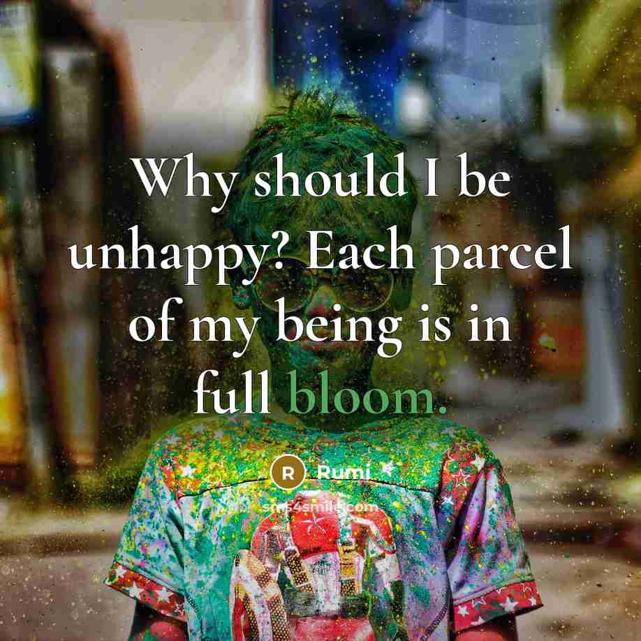 “Why should I be unhappy? Each parcel of my being is in full bloom.” quote by Rumi