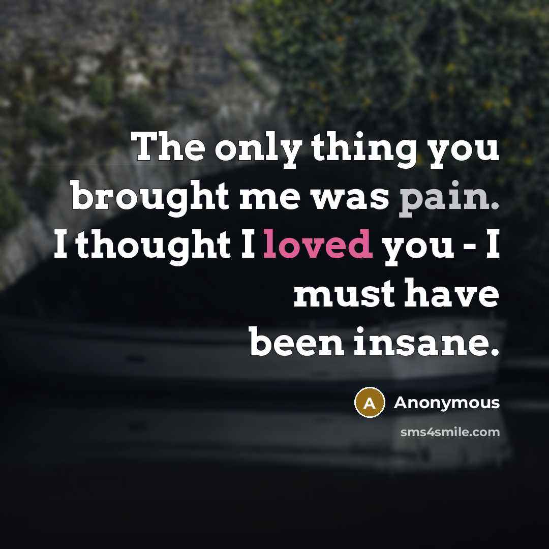 “The only thing you brought me was pain. I thought I loved you - I must have been insane.” quote by Anonymous