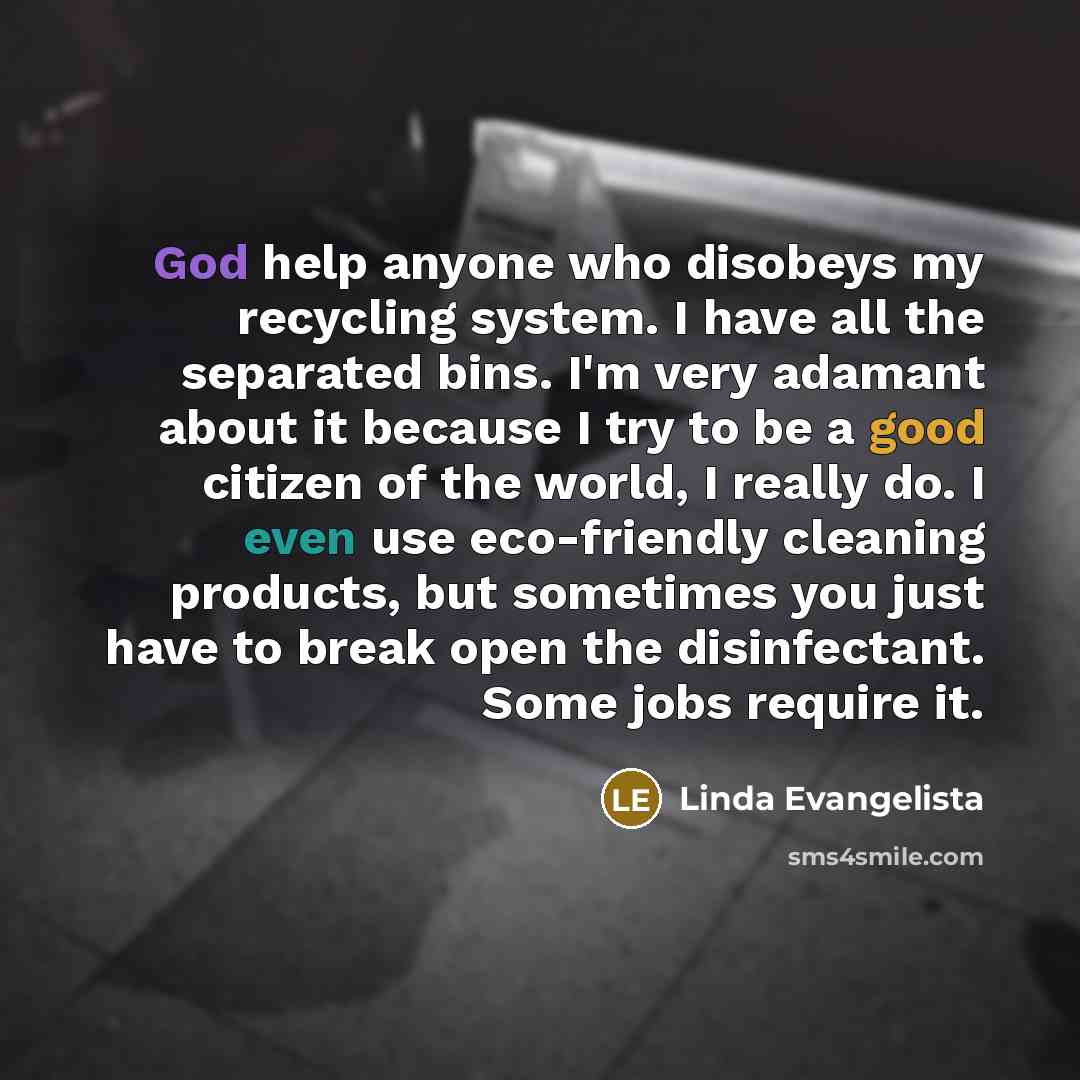 “God help anyone who disobeys my recycling system. I have…” quote by Linda Evangelista