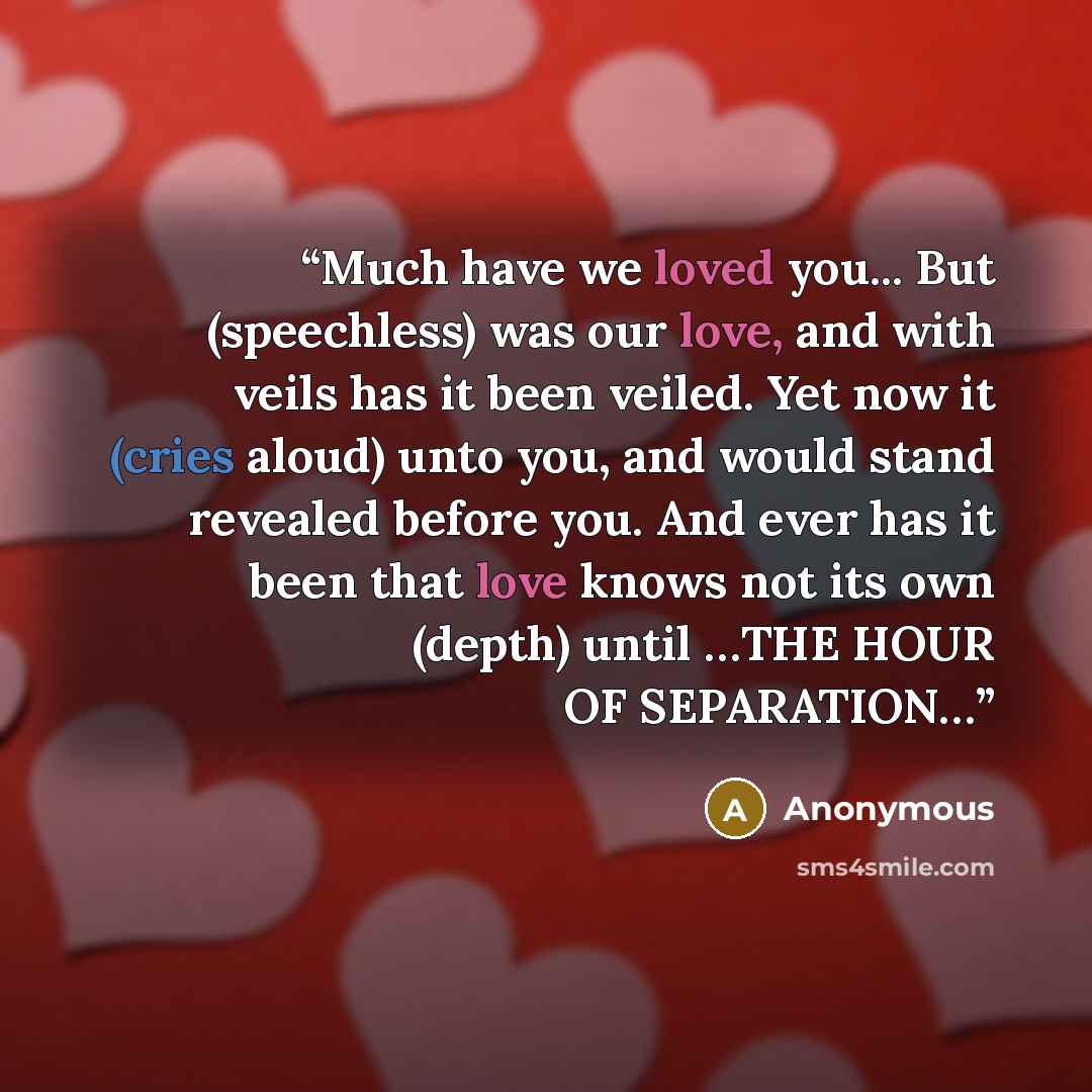 “Much have we loved you... But (speechless) was our love, and with veils has it been veiled. Yet now it (cries aloud) unto you, and would stand revealed before you. And ever has it been that love knows not its own (depth) until …THE HOUR OF SEPARATION…” quote by Anonymous