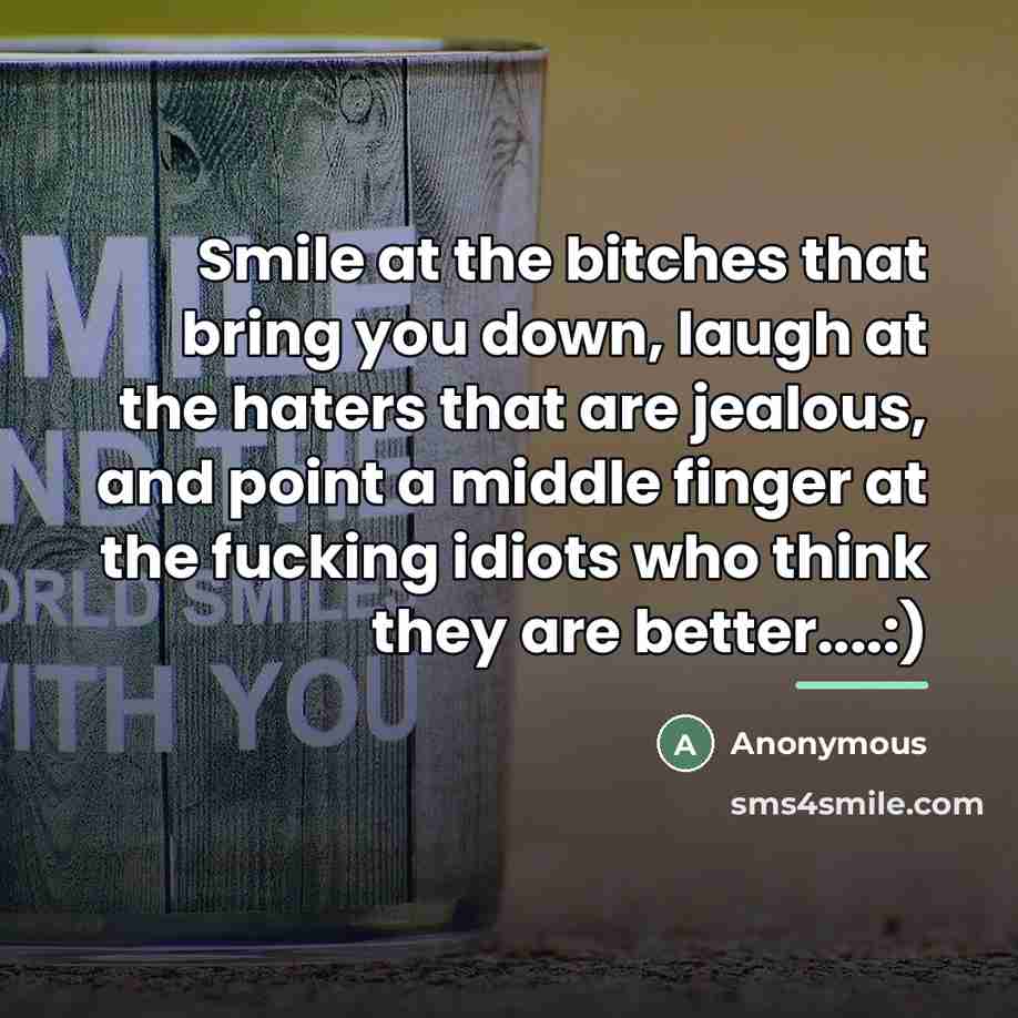 “Smile at the bitches that bring you down, laugh at…” quote by Anonymous
