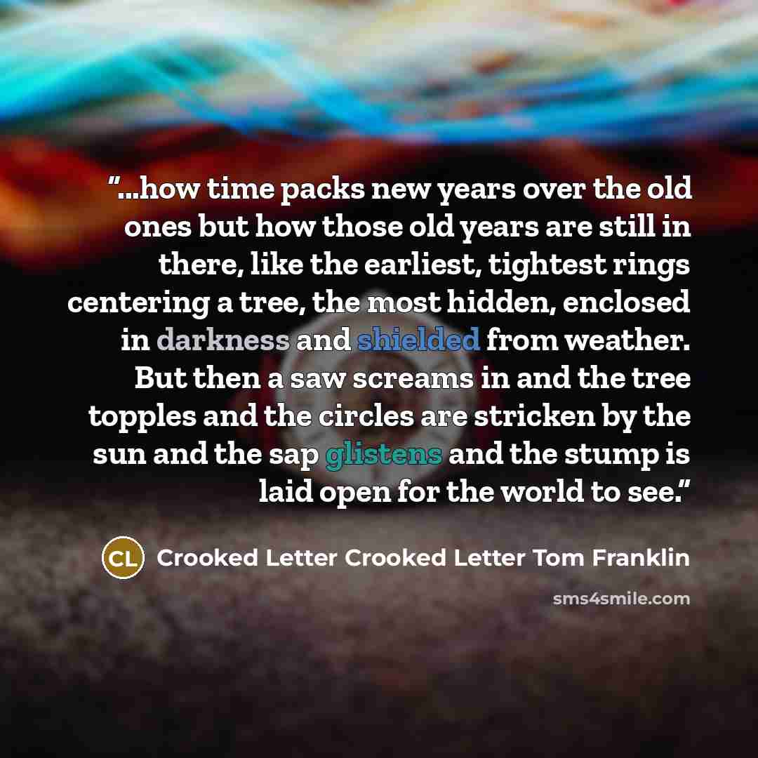 “...how time packs new years over the old ones but how those old years are still in there, like the earliest, tightest rings centering a tree, the most hidden, enclosed in darkness and shielded from weather. But then a saw screams in and the tree topples and the circles are stricken by the sun and…” quote by Crooked Letter Crooked Letter Tom Franklin