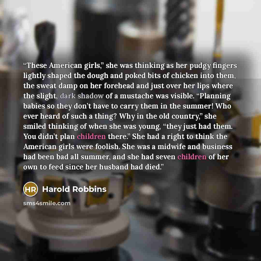 “These American girls,” she was thinking as her pudgy fingers lightly shaped the dough and poked bits of chicken into them, the sweat damp on her forehead and just over her lips where the slight, dark shadow of a mustache was visible. “Planning babies so they don’t have to carry them in the summer!…” quote by Harold Robbins