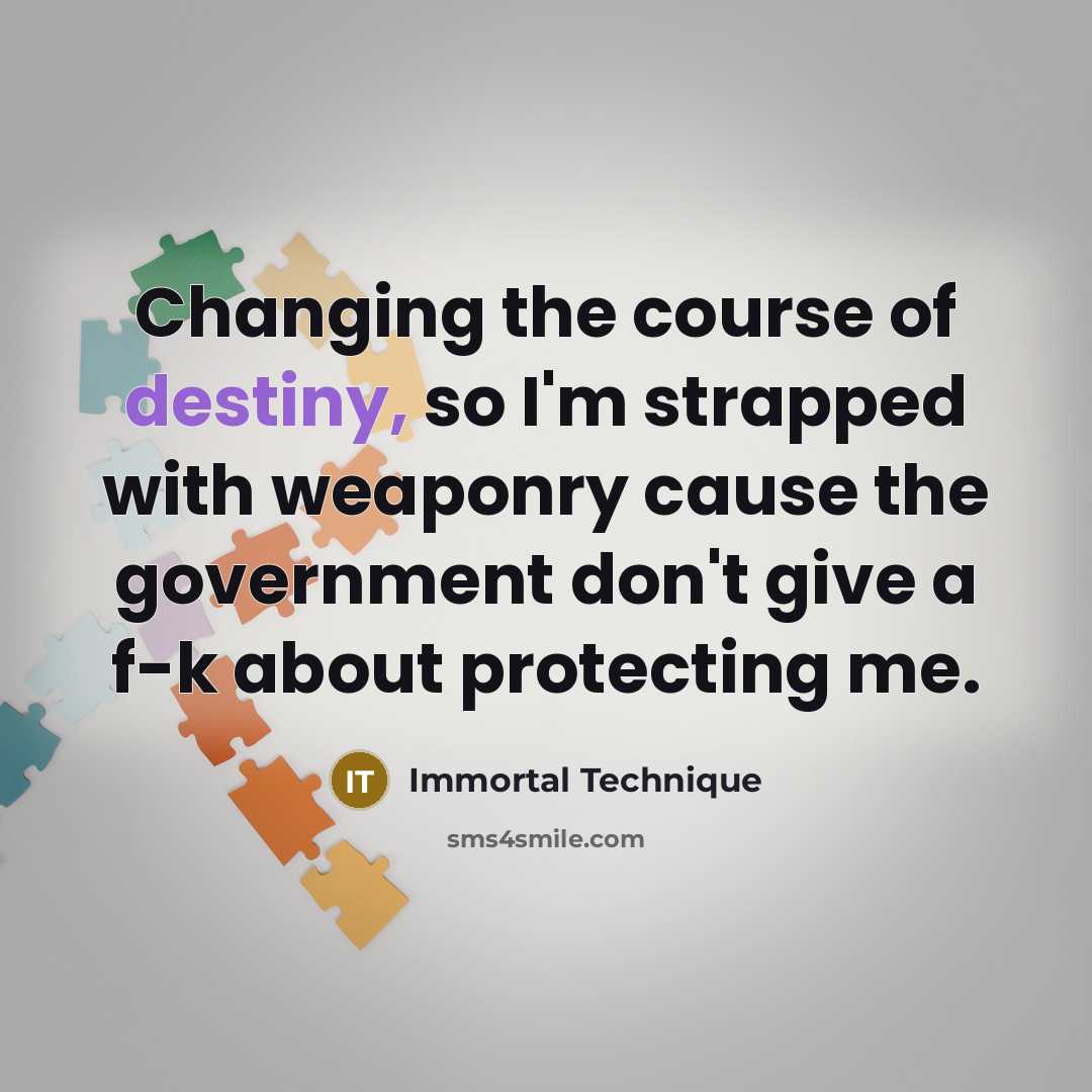“Changing the course of destiny, so I'm strapped with weaponry…” quote by Immortal Technique