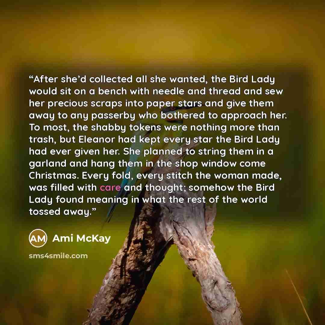 “After she’d collected all she wanted, the Bird Lady would sit on a bench with needle and thread and sew her precious scraps into paper stars and give them away to any passerby who bothered to approach her. To most, the shabby tokens were nothing more than trash, but Eleanor had kept every star the…” quote by Ami McKay