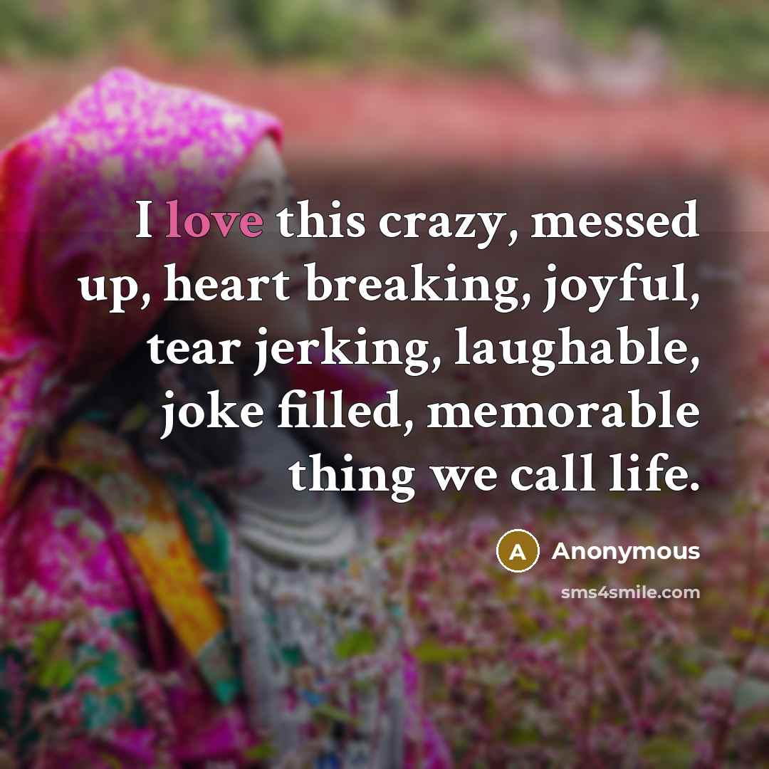 “I love this crazy, messed up, heart breaking, joyful, tear…” quote by Anonymous