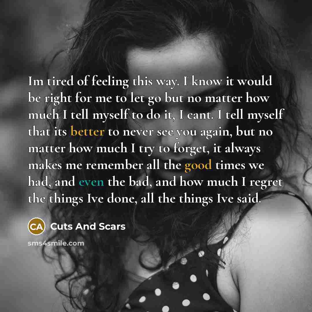 “Im tired of feeling this way. I know it would be right for me to let go but no matter how much I tell myself to do it, I cant. I tell myself that its better to never see you again, but no matter how much I try to forget, it always makes me remember all the good times we had, and even the bad, and…” quote by Cuts And Scars