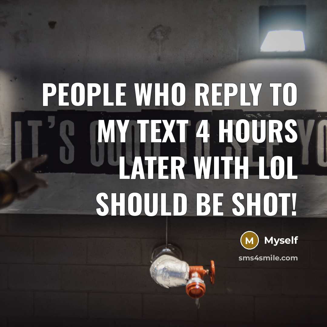 “People who reply to my text 4 hours later with lol should be shot!” quote by Myself