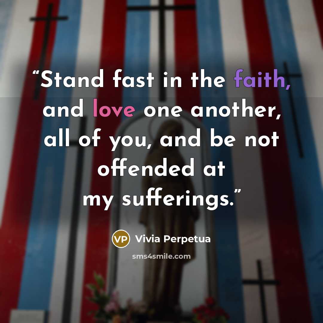 “Stand fast in the faith, and love one another, all of you, and be not offended at my sufferings.” quote by Vivia Perpetua