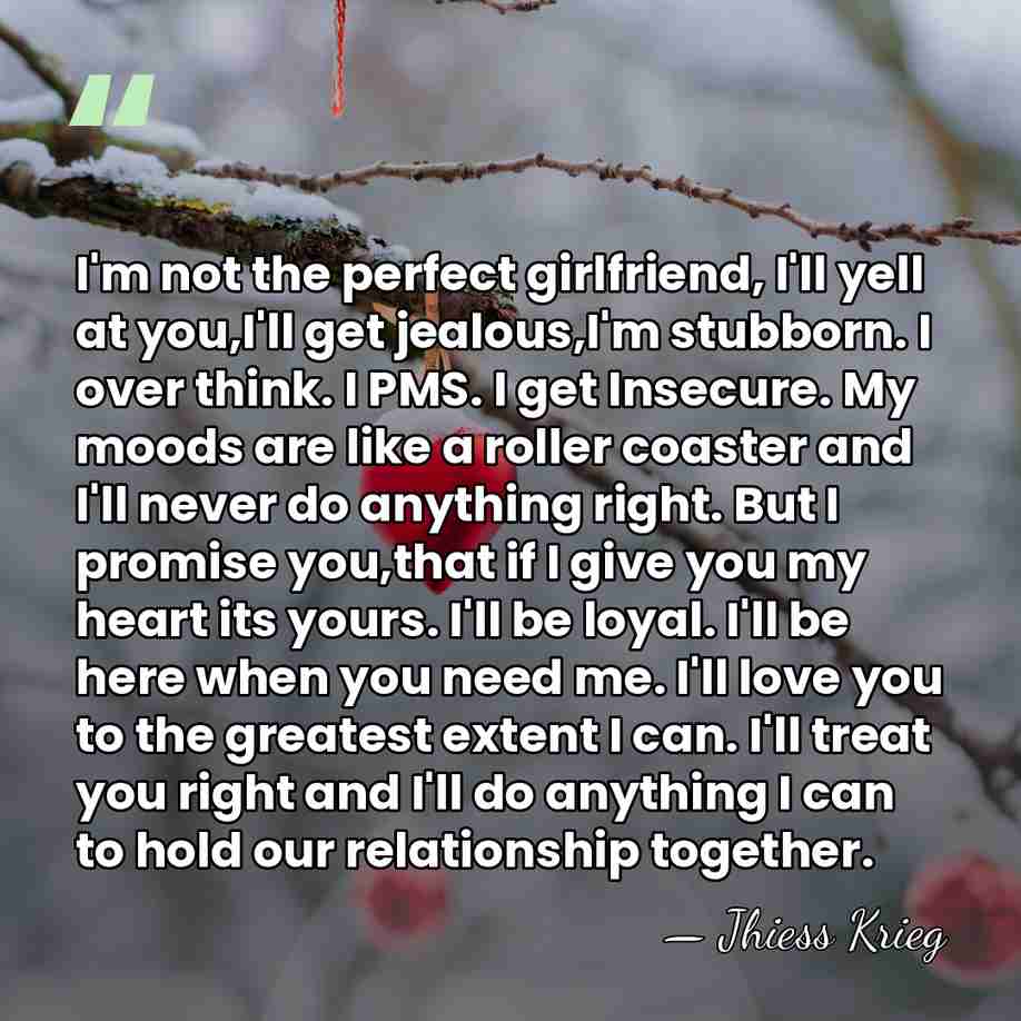 I'm not the perfect girlfriend, I'll yell at you,I'll get jealous,I'm stubborn.&hellip; - Jhiess Krieg