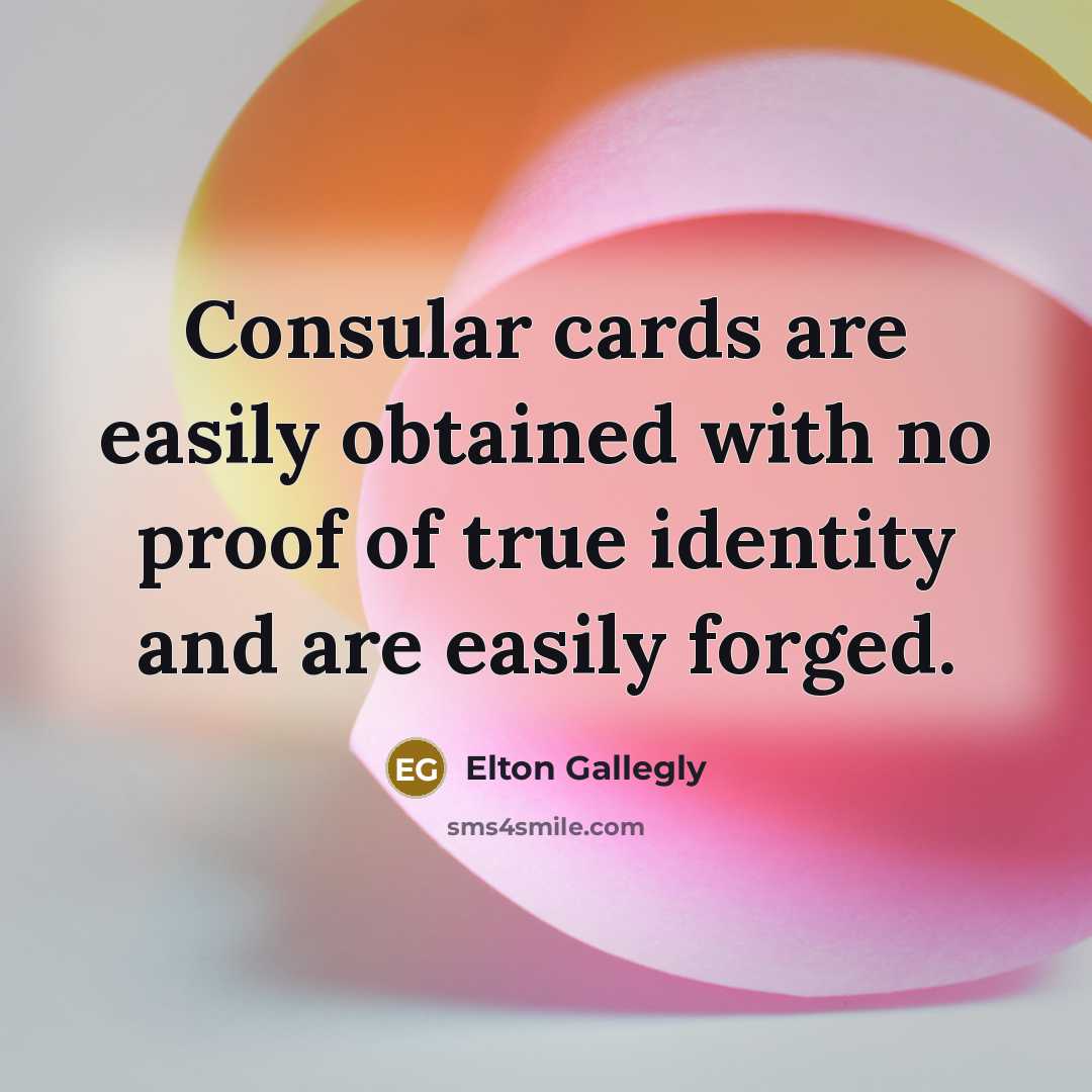 “Consular cards are easily obtained with no proof of true…” quote by Elton Gallegly