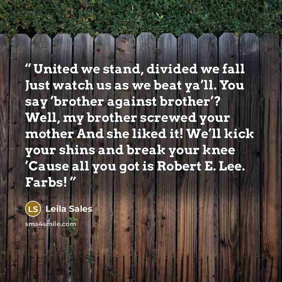 “United we stand, divided we fall Just watch us as we beat ya’ll. You say ‘brother against brother’? Well, my brother screwed your mother And she liked it! We’ll kick your shins and break your knee ’Cause all you got is Robert E. Lee. Farbs!” quote by Leila Sales