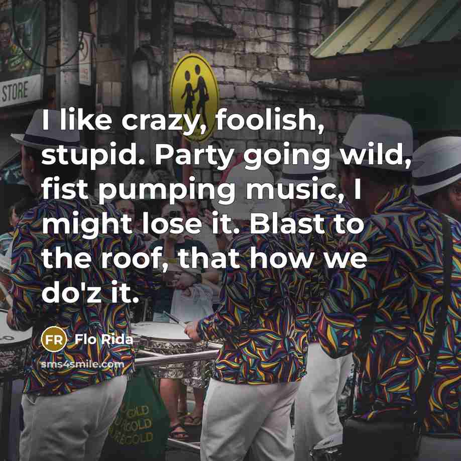 “I like crazy, foolish, stupid. Party going wild, fist pumping music, I might lose it. Blast to the roof, that how we do'z it.” quote by Flo Rida