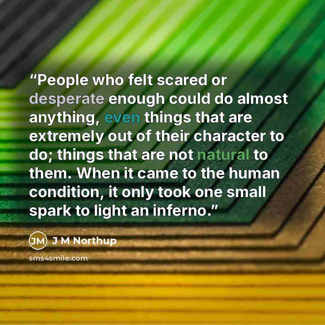 “People who felt scared or desperate enough could do almost anything, even things that are extremely out of their character to do; things that are not natural to them. When it came to the human condition, it only took one small spark to light an inferno.” quote by J M Northup