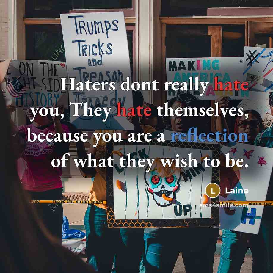 “Haters dont really hate you, They hate themselves, because you are a reflection of what they wish to be.” quote by Laine