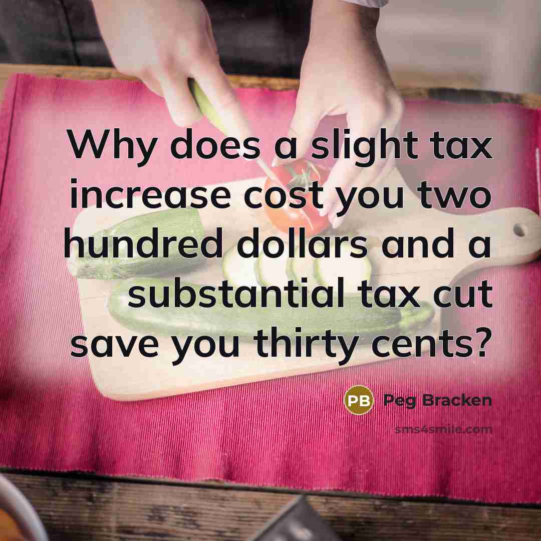 “Why does a slight tax increase cost you two hundred…” quote by Peg Bracken